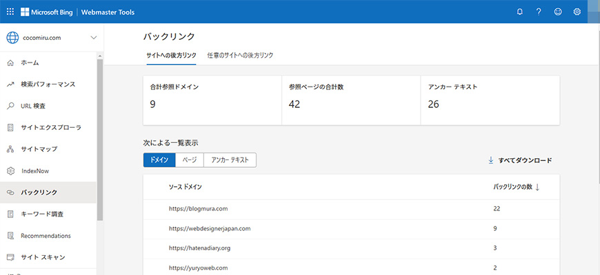 Bingウェブマスターツール バックリンクレポート